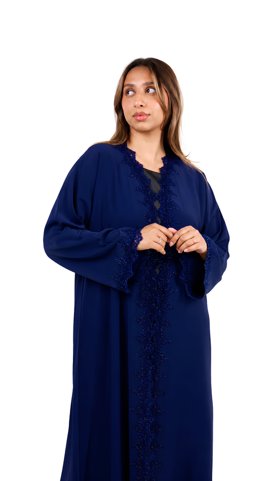 Midnight Onyx Beaded Lace Abaya with Matching Sheila