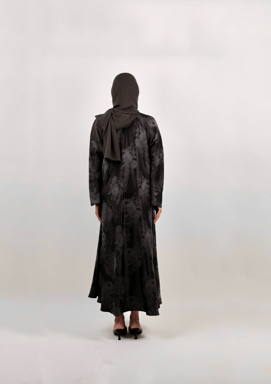 Grey Floral Jacquard Abaya Set with Belt and Scarf