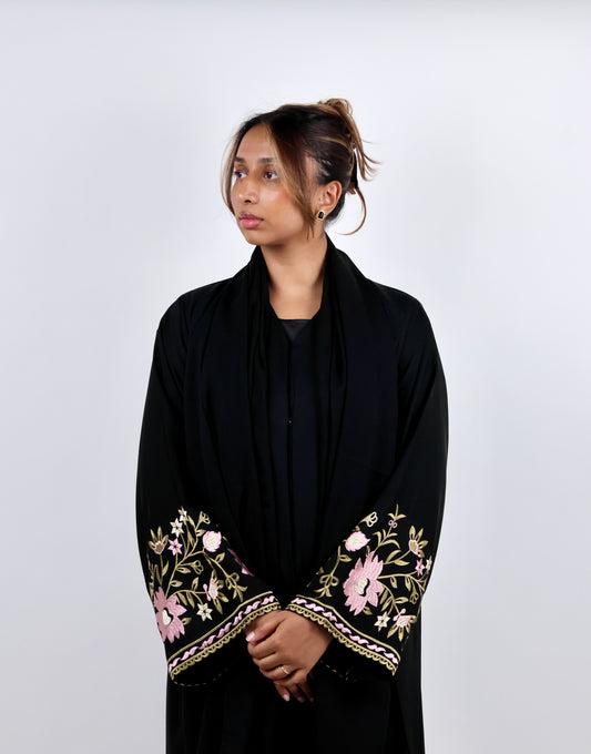 Black Floral-Embroidered Sleeve Abaya