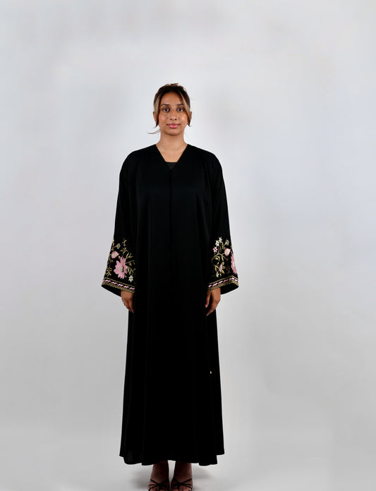 Black Floral-Embroidered Sleeve Abaya