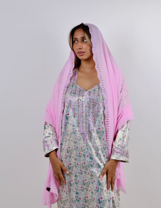 Floral Print Jalabiya with Shimmering Rhinestone Bodice