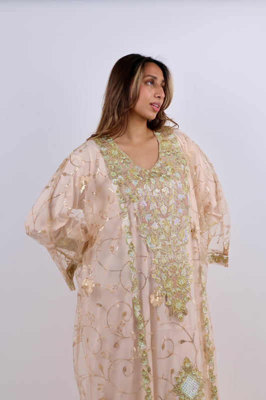Premium Dual-Layer Beige-Gold Jalabiya with Intricate Metallic Embroidery