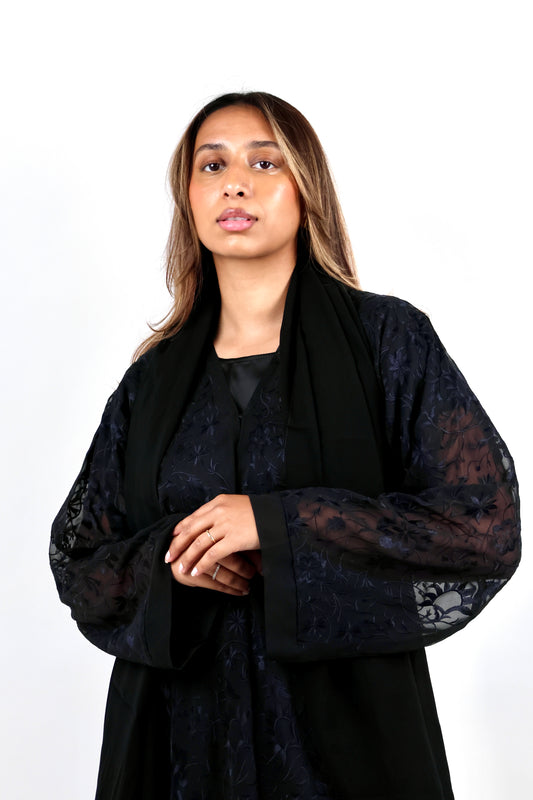 Black Flower Threaded Abaya