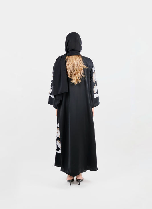 Black Gardenia Rose-Embroidered Abaya
