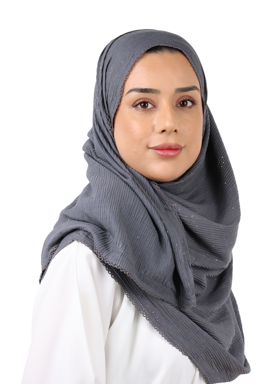 Crinkle Cotton Mix Scarf with Lace Trim & Shimmer (Charcoal Grey)