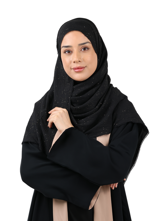 Crinkle Cotton Mix Scarf with Lace Trim & Shimmer (Black)
