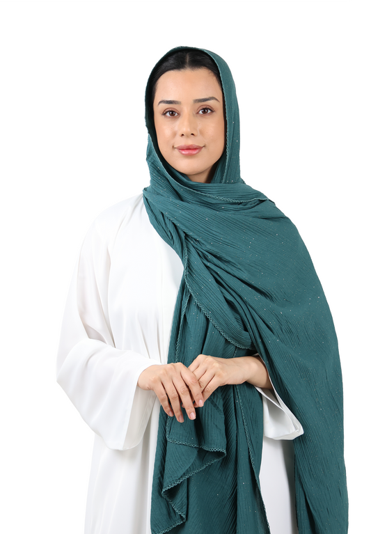 Crinkle Cotton Mix Scarf with Lace Trim & Shimmer (Deep Teal)