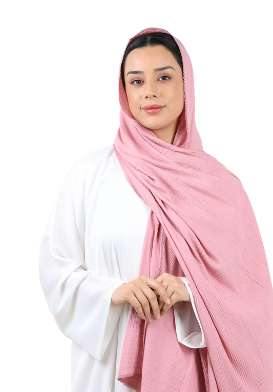 Crinkle Cotton Mix Scarf with Lace Trim & Shimmer (Dusty Rose)