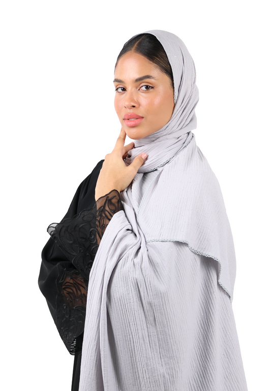 Crinkle Cotton Mix Scarf with Lace Trim & Shimmer (Slate Grey)