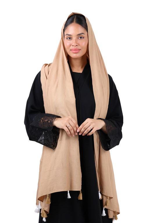 Crinkle Cotton Scarf with Tassel Trim (Camel Brown)