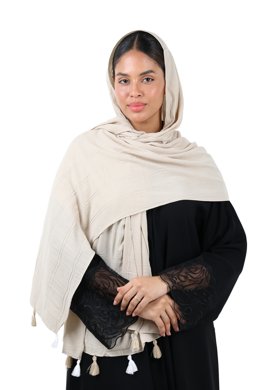 Crinkle Cotton Scarf with Tassel Trim (Light Beige)
