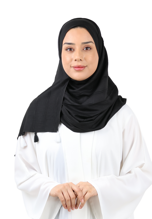 Crinkle Cotton Scarf with Tassel Trim (Black)