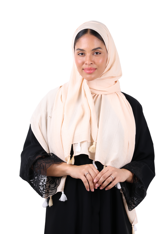 Crinkle Cotton Scarf with Tassel Trim (Cream Beige)