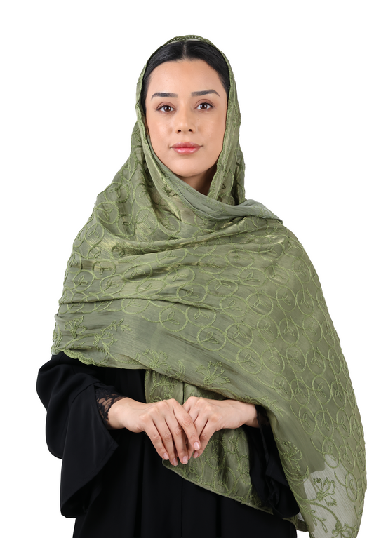 Premium Circle Motif Organza Scarf (Olive Green)