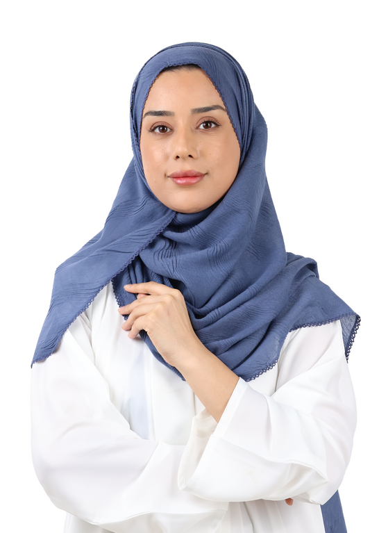 Wave Pattern Cotton Crush Scarf with Lace Trim (Navy Blue)