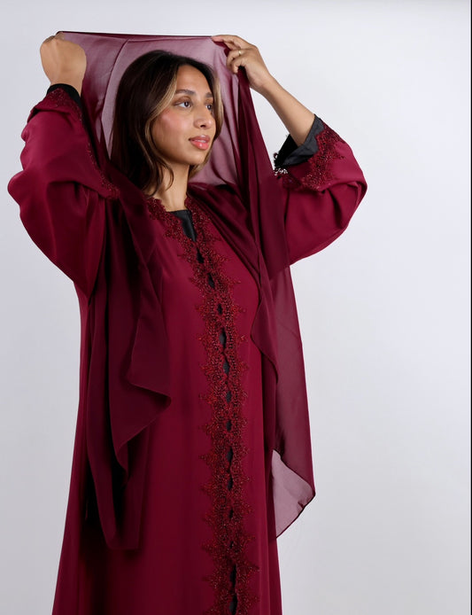 Crimson Majesty Stone-Embellished Abaya