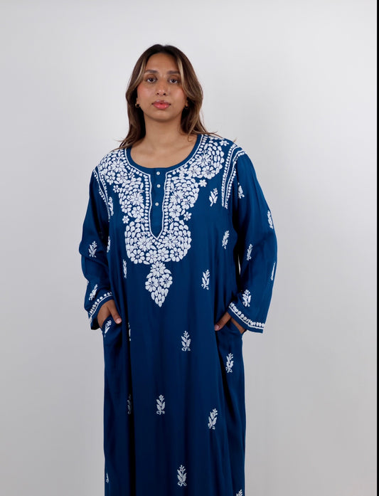 Navy Blue Embroidered Chikankari Jalabiya