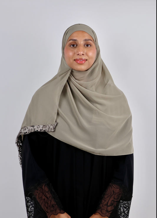 Jameela Embroidered Floral Lace Georgette Scarf - Pack of 2 (Dark Green & Taupe Grey)
