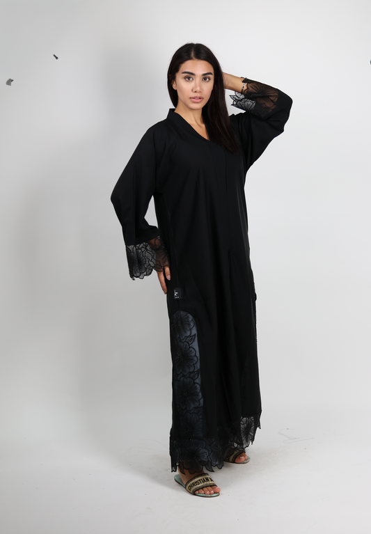 Jameela Jet Black Open Abaya with Floral Lace Sleeves 3pcs