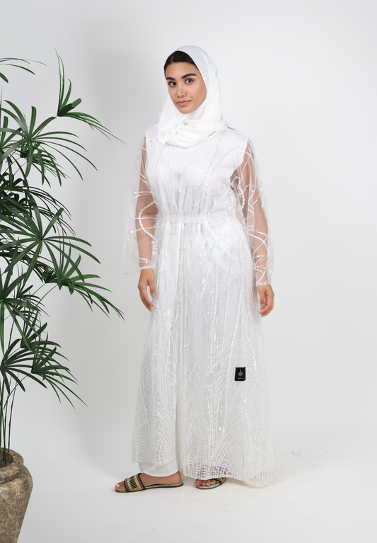 Radiant Sparkle White Abaya with Sheer Embellished Overlay