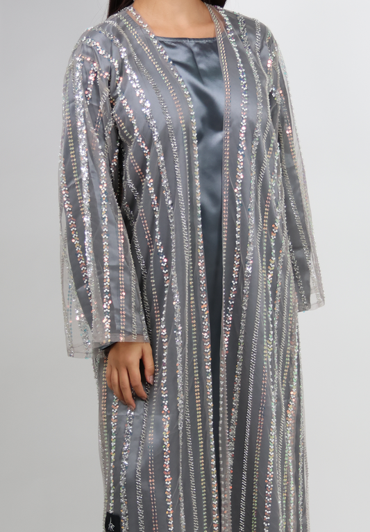 Dazzling Sequin Embellished Grey Abaya - Two-Piece Set