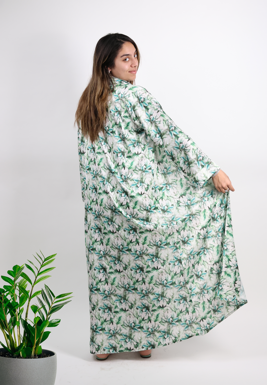 Green Floral Printed Summer Abaya - Nida Fabric
