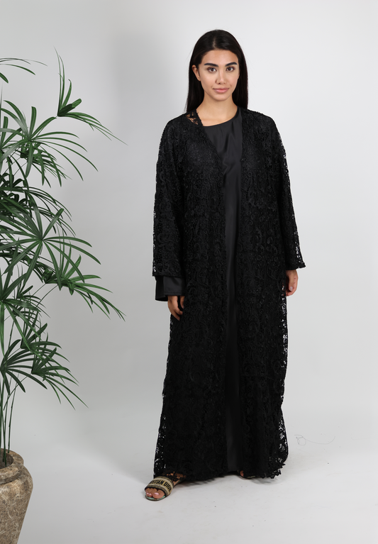 Exquisite Black Lace Overlay Abaya - Timeless Elegance