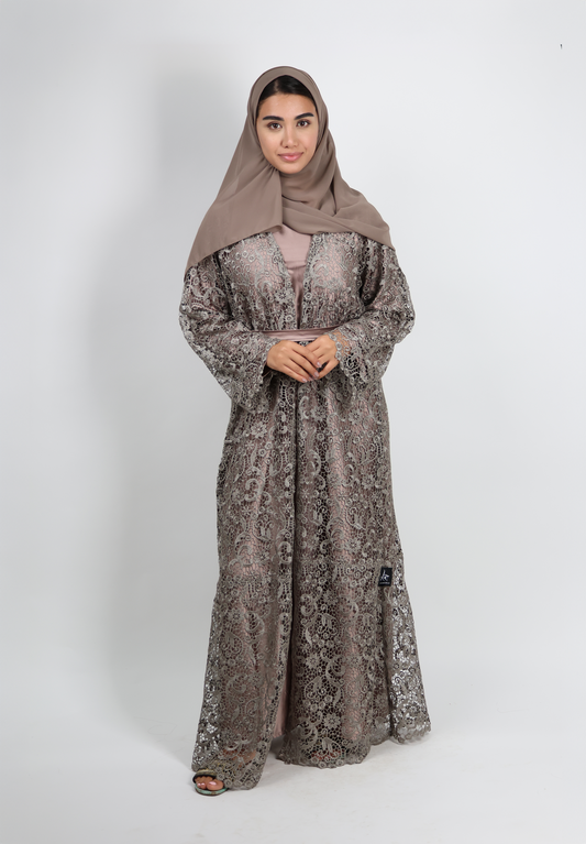Elegant Latte Lace Overlay Abaya with Satin Belt