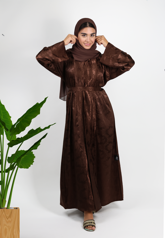 Luxurious Chocolate Brown Jacquard Abaya - Subtle Elegance