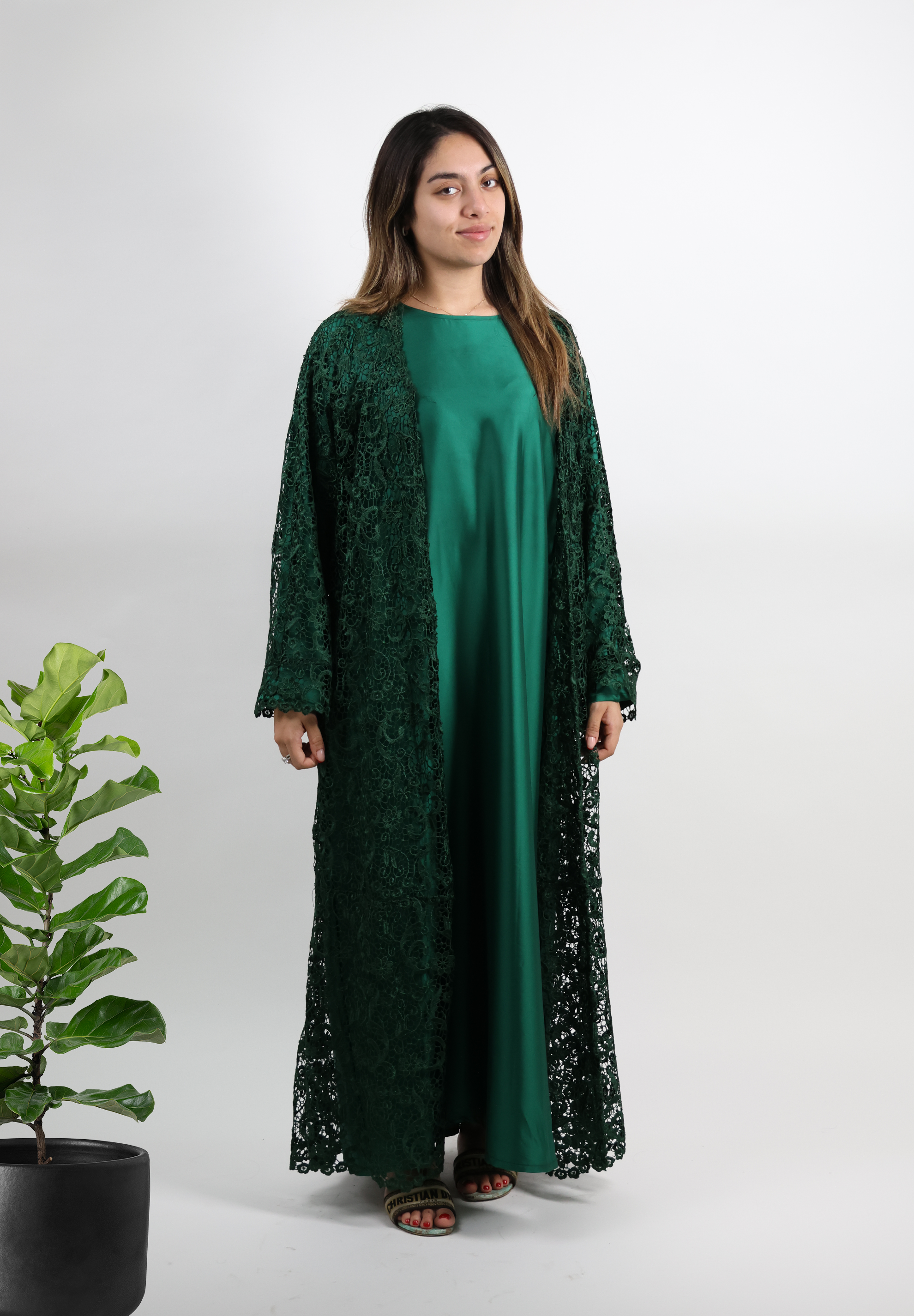 Emerald Green Lace & Sheer Layered Abaya – Royal Noir Edition