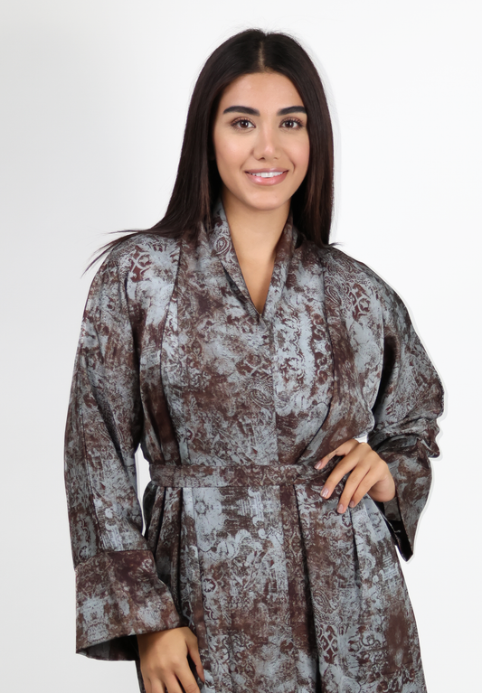 Artisan Distressed Print Abaya - Earthy Grey & Rust Hues