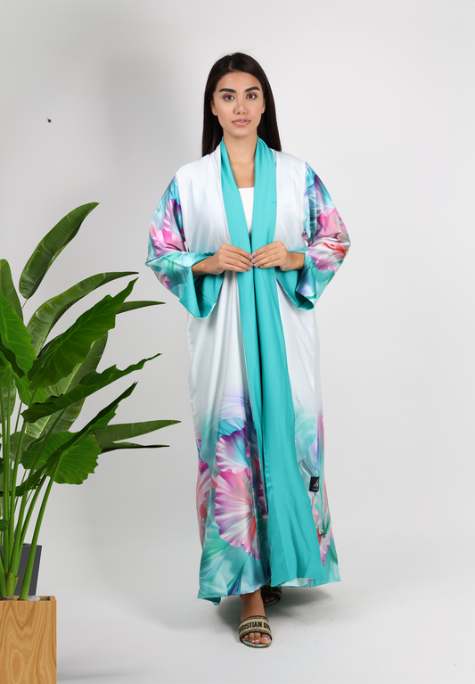 Tropical Oasis Reversible Abaya - White Floral & Turquoise Solid
