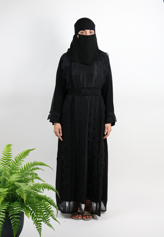 Charcoal Black Beaded Lace Drape Set