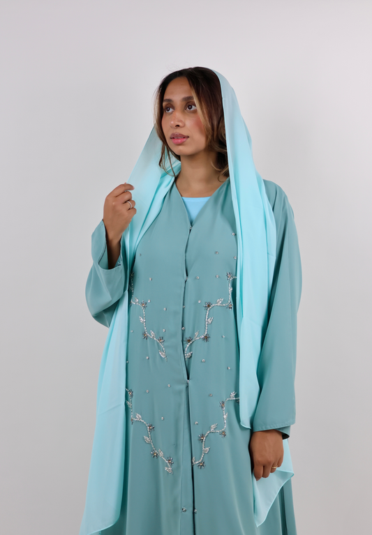 Open Front Mint Green Abaya with Floral Stone Embroidery