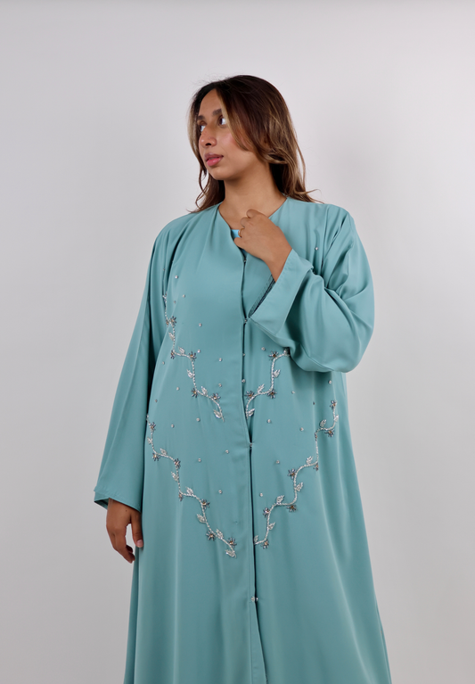 Open Front Mint Green Abaya with Floral Stone Embroidery