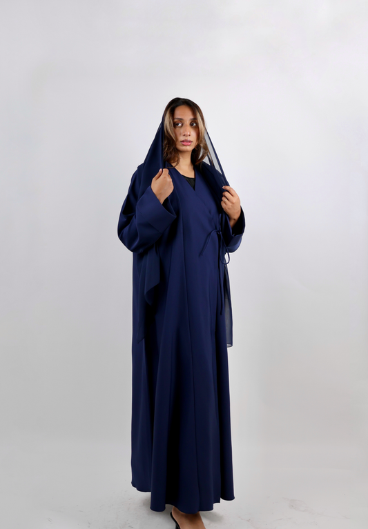 Navy Blue Wrap-Style Abaya with Side Tie Detail