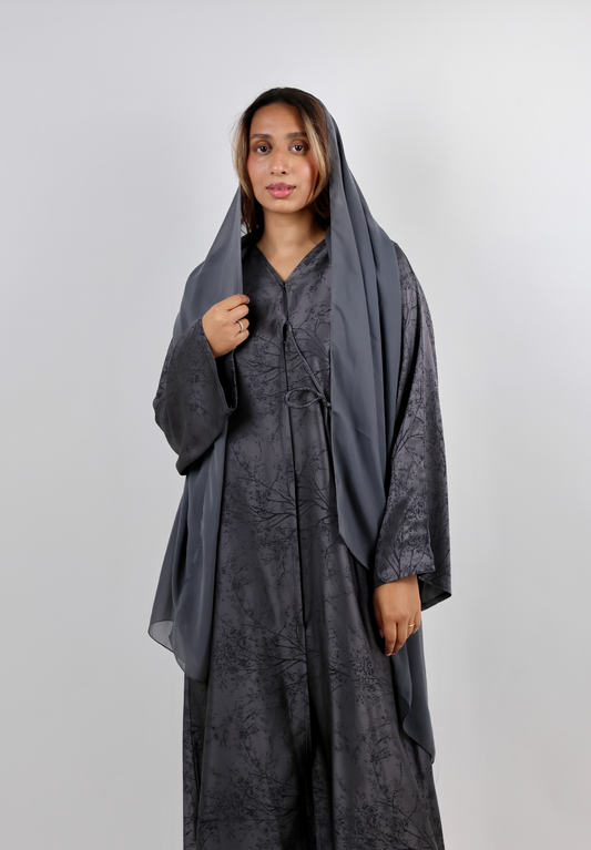Textured Charcoal Grey Wrap Abaya with Branch Pattern Print