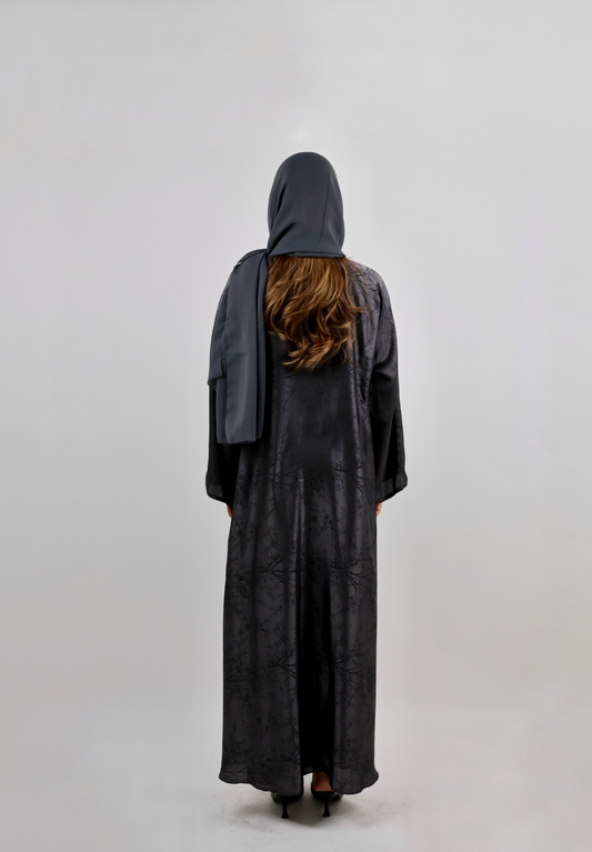 Textured Charcoal Grey Wrap Abaya with Branch Pattern Print