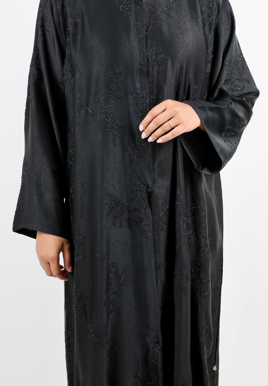 Textured Black Open Front Abaya with Tonal Embroidery and Delicate Shimmer