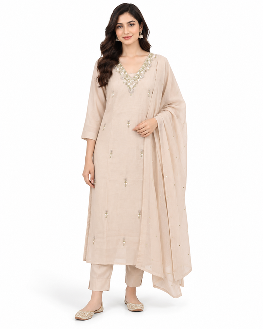 Gold Embellished V-Neck Mul Chanderi 3-Piece Kurta Set - Champagne Beige