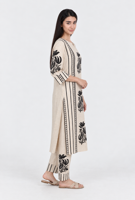 Lotus Block Print Straight Cotton Kurta - Natural Beige