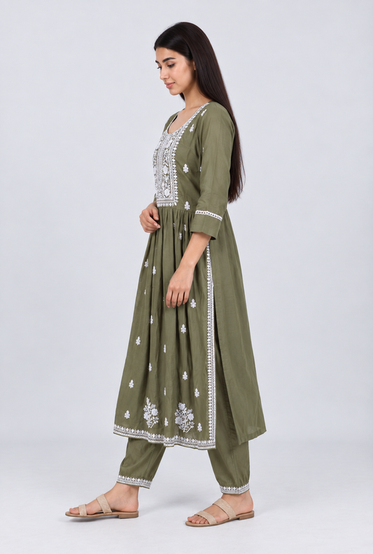 White Embroidered Yoke Anarkali Kurta - Olive Green