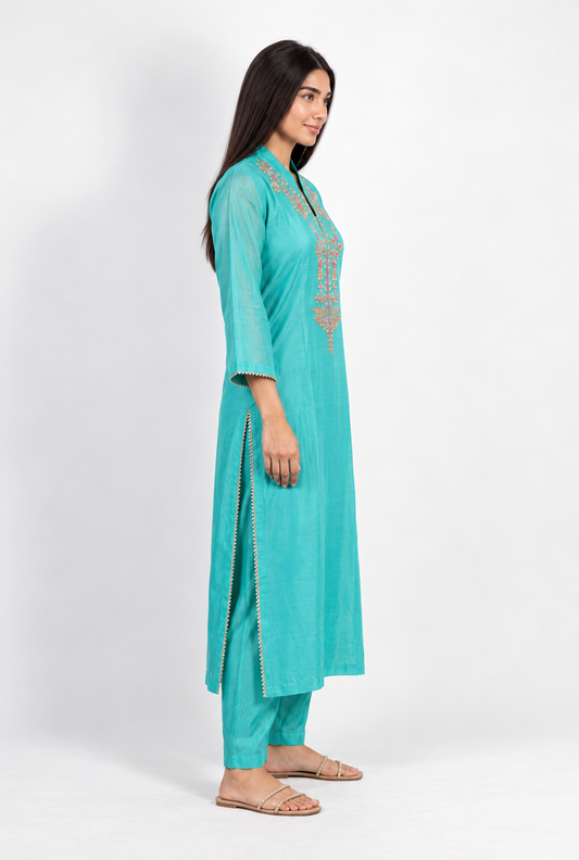 Gota Patti Embroidered Chanderi 3-Piece Kurta Set - Aqua Teal