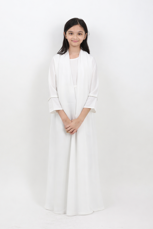 The Kids Pure Pearl Abaya – Everyday Elegance in White & Silver