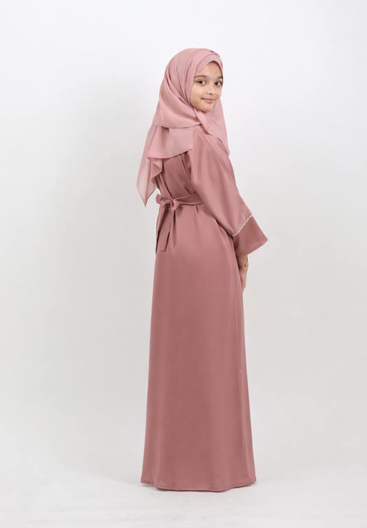 The Kids Rose Blossom Abaya – Blush Pink Elegance with Crystal Vines