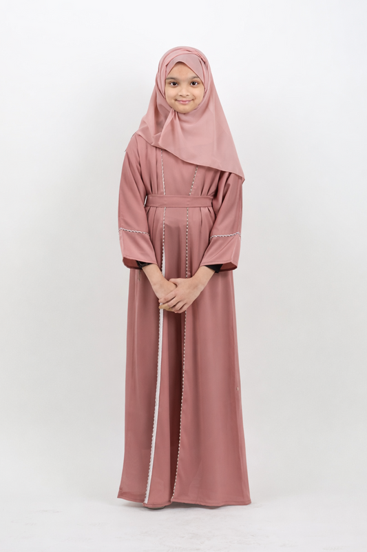 The Kids Rose Blossom Abaya – Blush Pink Elegance with Crystal Vines