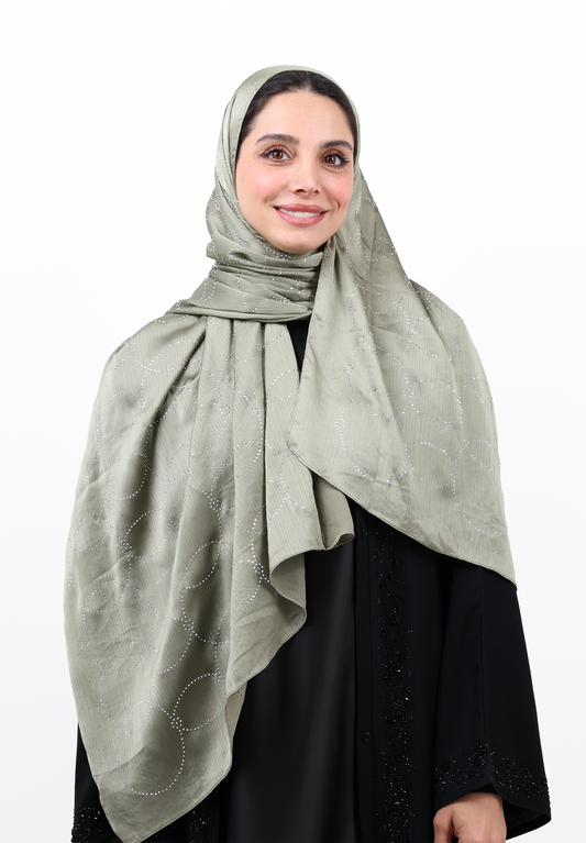 Sage Green Textured Hijab Scarf with Crystal Detailing