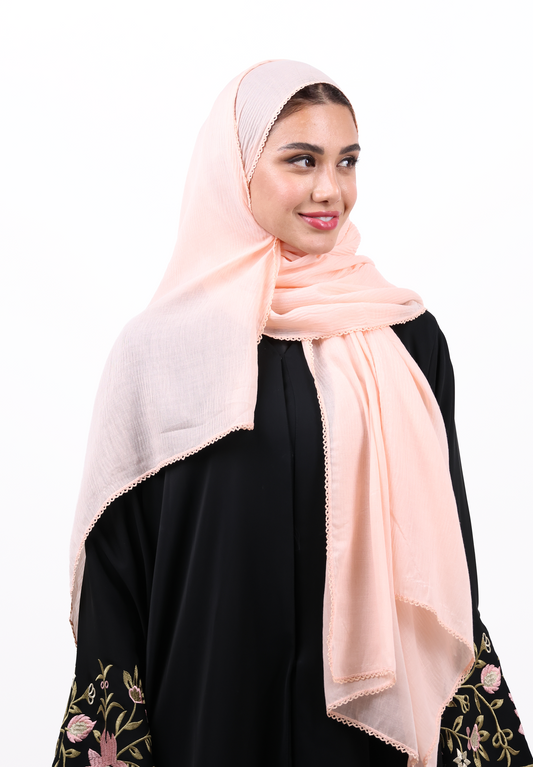 Soft Peach Textured Hijab Scarf with Delicate Crochet Edging