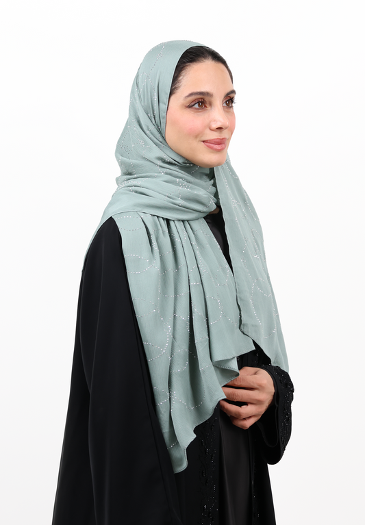 Soft Mint Textured Hijab Scarf with Crystal Detailing