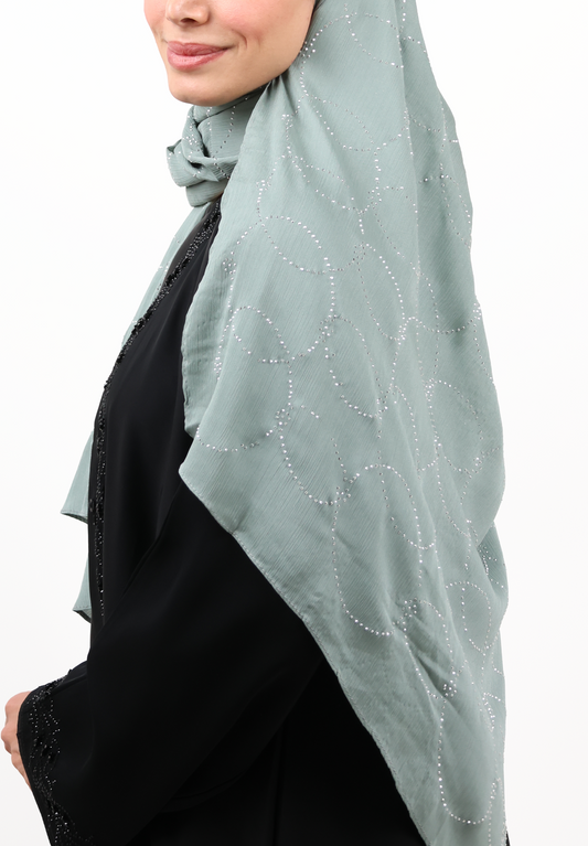 Soft Mint Textured Hijab Scarf with Crystal Detailing